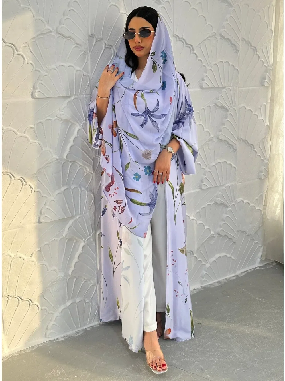 Dubai Cardigan Abaya Scarf Women Open Dress 2 Piece Set Eid Print Dubai Cardigan Morocco Caftan Jalabiya Long Roeb Ramadan Party