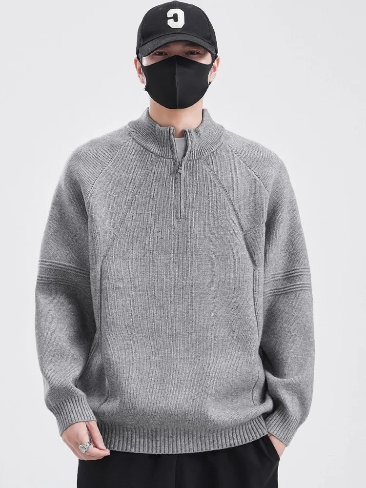 

Мужской свитер свободного кроя на молнии, осенне-зимний, новый, однотонный, вязаный, повседневный, модный, с высоким воротником, без застежки