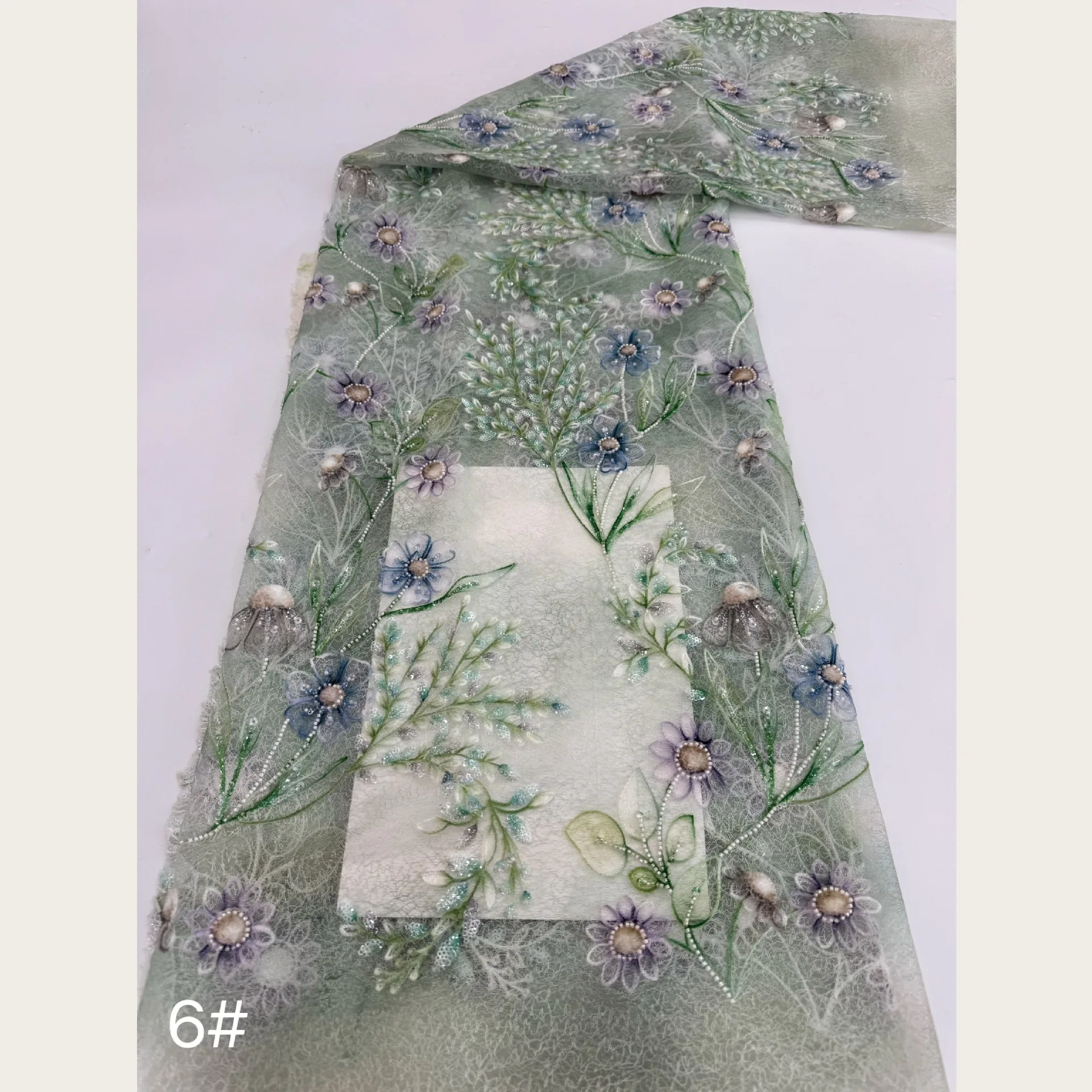French-style watercolor blending small wildflower beaded embroidered net-sheer dress with embroidered fabricina rustic style
