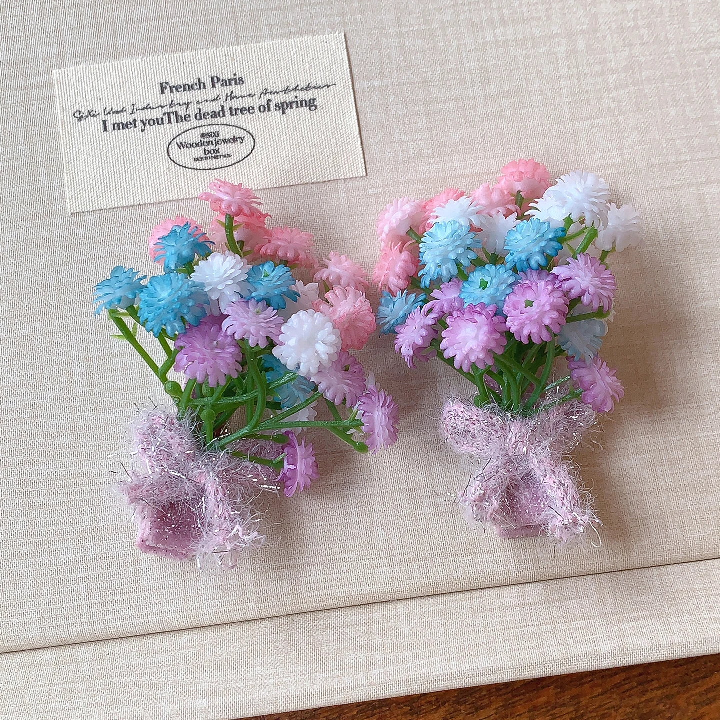 Künstliche Gypsophila-Blume Entenschnabel-Haarspange Glitzer-Netzschleife Makronenfarben Waldstil Mädchen-Seitenpony-Haarspange Kinder Flora – Detail 3