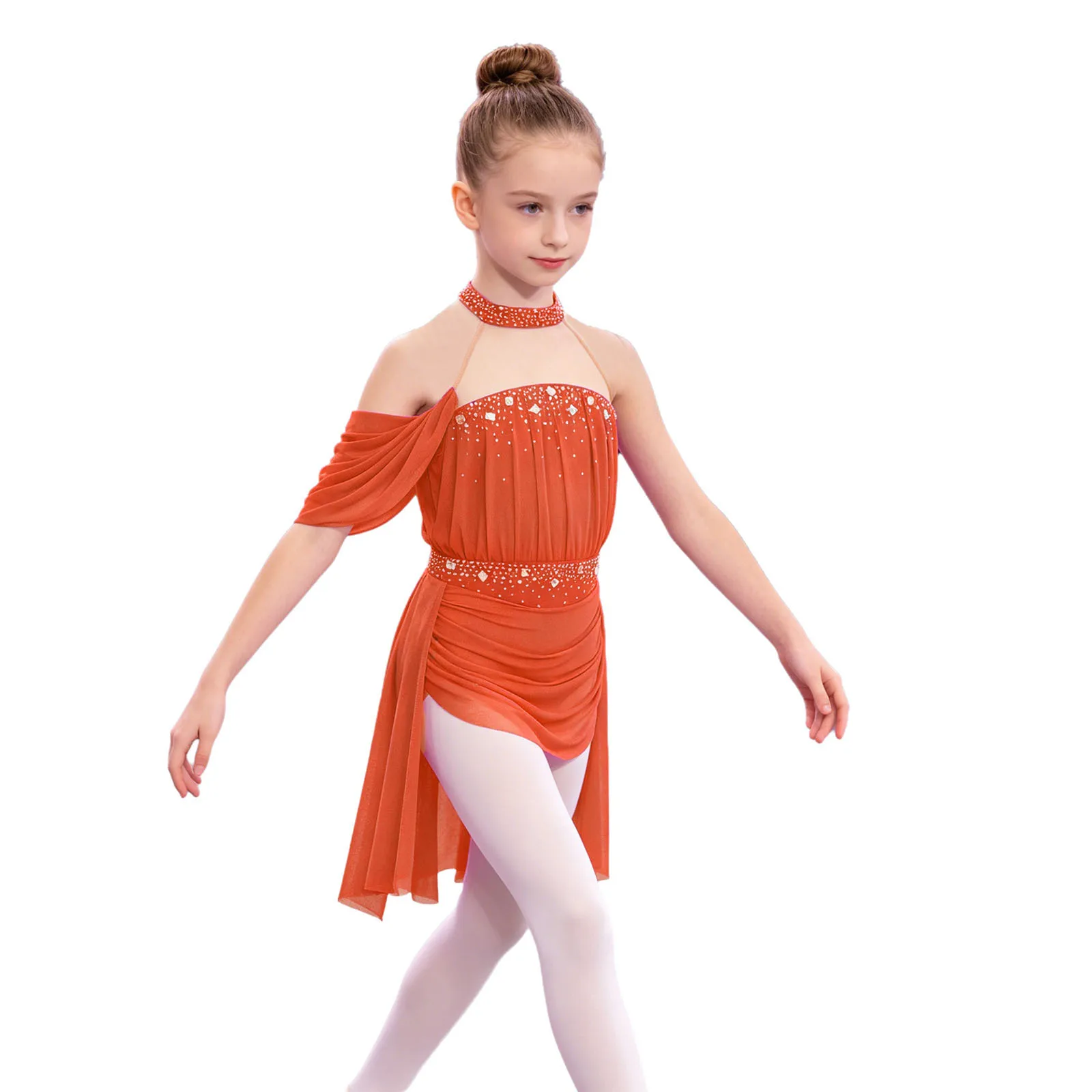 Mädchen Ballett Lyrisches Tanzkostüm Eiskunstlauf-Auftrittsoutfit Neckholder Glänzende Strass Raffung Mesh-Kleid Gymnastik-Trikot
