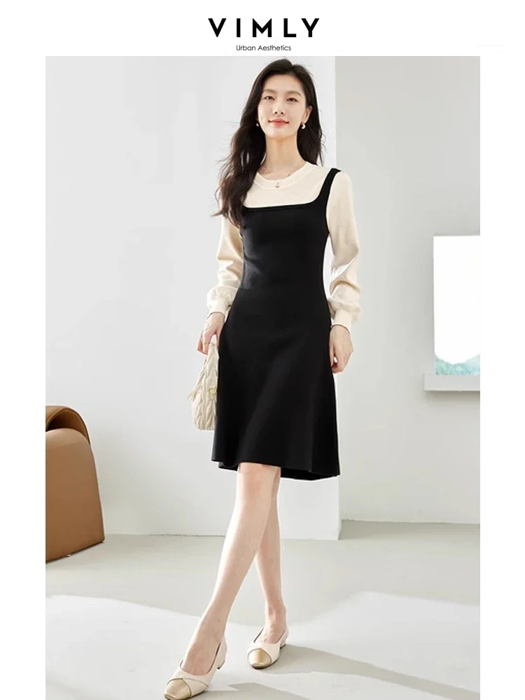 Vimly 2 in 1 Contrast Knitted Dresses Women 2024 Spring Elegant Fashion Long Sleeve Fitted A Line Dress Female Knitwear 72112