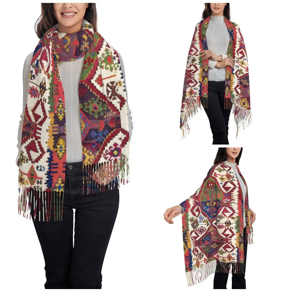 Ethnic Anatolia Antique Tribal Shawl Wraps Womens Warm Long Soft Scarf Boho Bohemian Pashminas Tassel Scarves