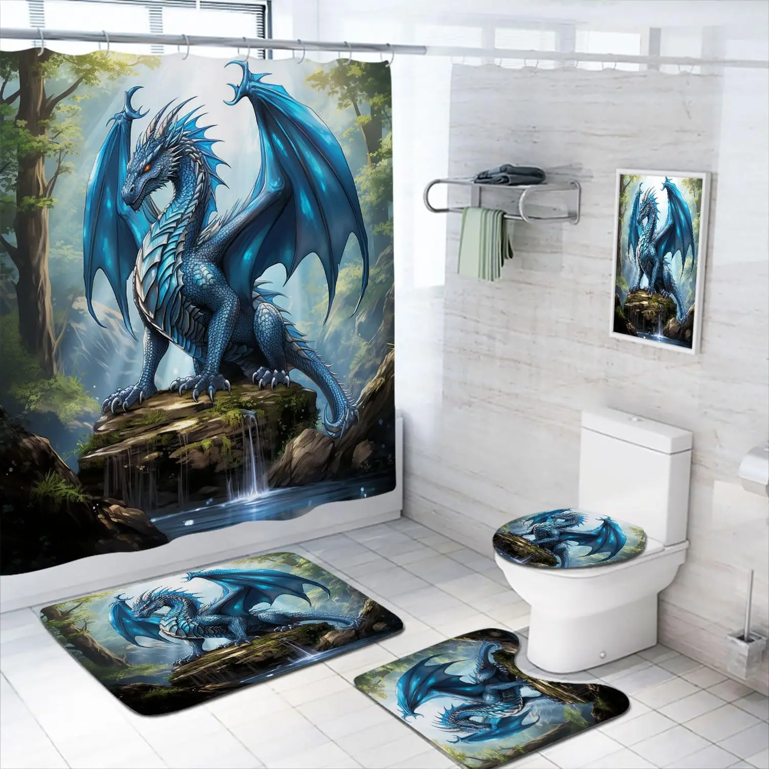 4 pcs Dragon Forest Shower Curtain suit with Carpet Toilet Lid Bath Mat, Fantasy Theme Bathroom Decoration