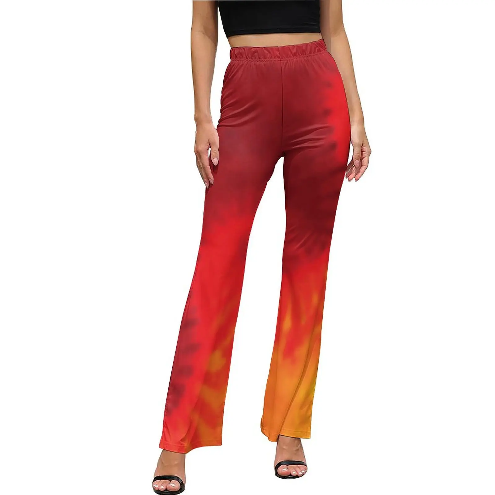 

Tie Dye Pants Yellow Orange Red Spiral Elastic High Waist Modern Flare Trousers Daily Design Aesthetic Pants Gift Idea