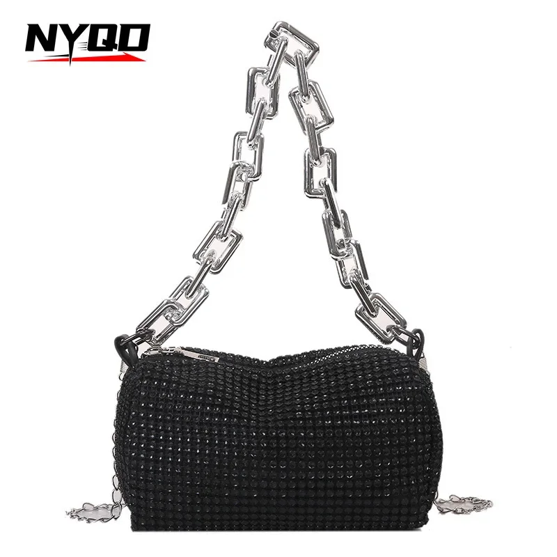 Allover Rhinestone Bucket Handbags Luxury Designer Glitter Chain Prom Purse Chain Shoulder Bag Womens Mini Crossbody Pillow Bag