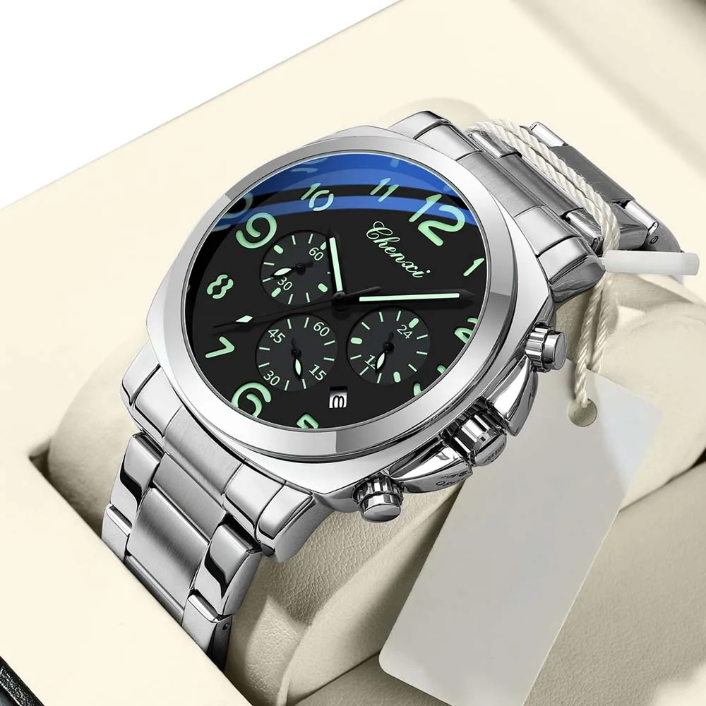 

CHENXI мужские многофункциональные часы с большим циферблатом, люминесцентные водонепроницаемые мужские часы из нержавеющей стали, мужские часы в подарок