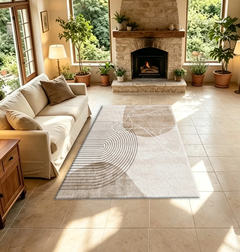 Boho Mid-Century Arch Line Abstract Carpet Flooring Beige Brown Neutral Tone Home Art Deco Carpet For Indoor Room