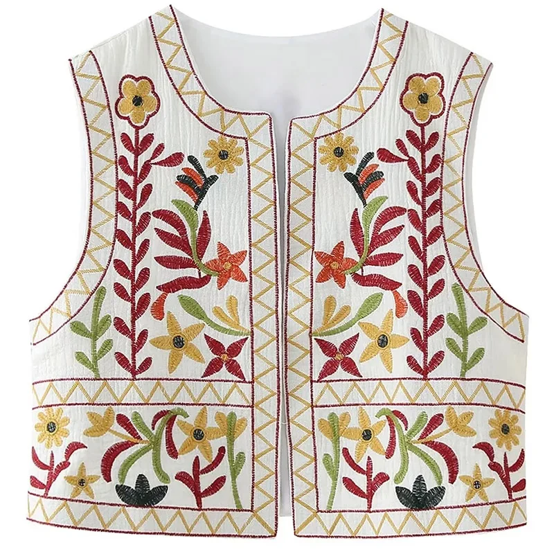 TRAF Cropped Embroidered Waistcoat Women's Vest Spring 2024 O-Neck Sleeveless Cardigan New In Coat Elegant Fashion Female Vest