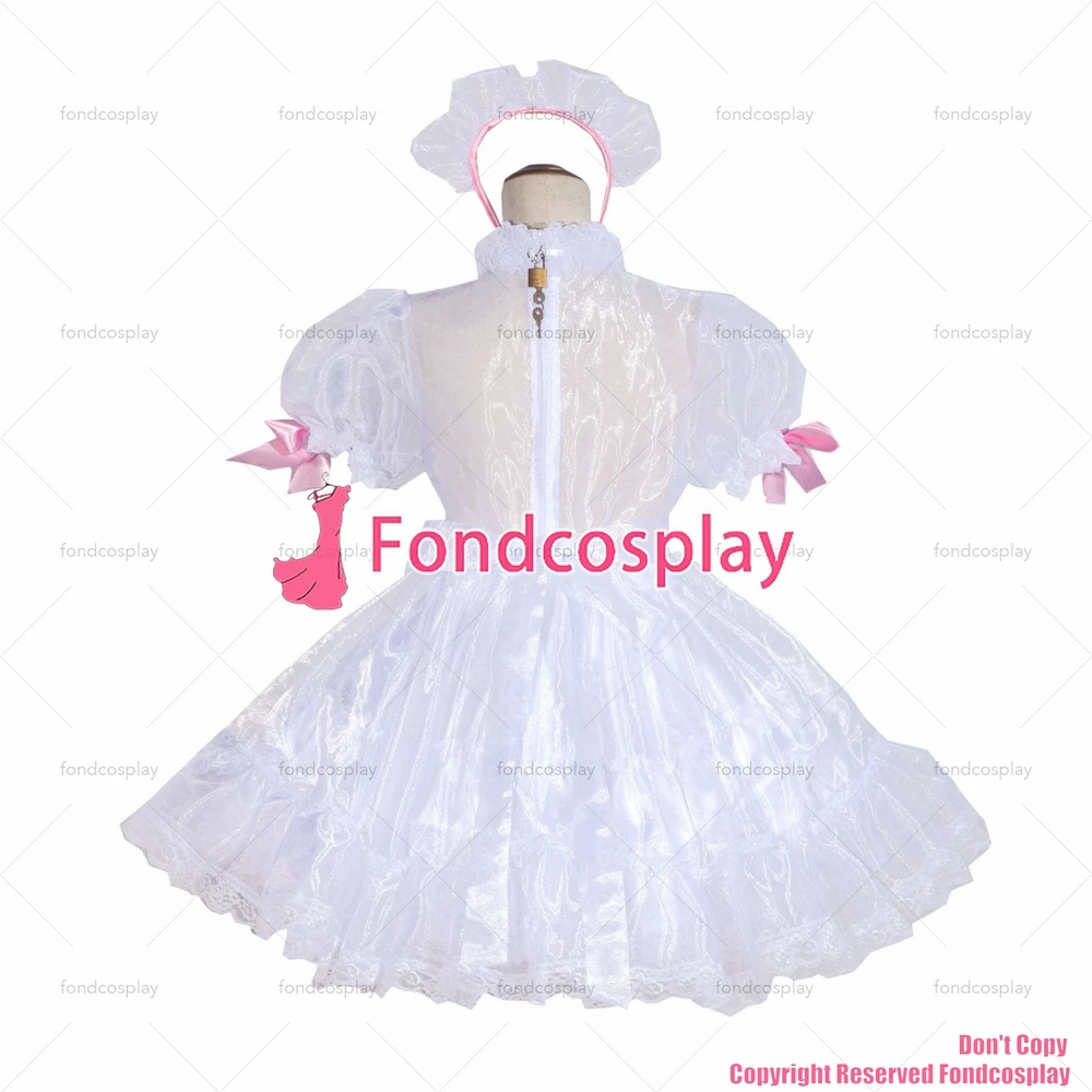 Fondcosplay adulto sexy cross dressing sissy maid corto francese bloccabile rosa raso bianco Organza 2 vestito CD/TV[G4048]