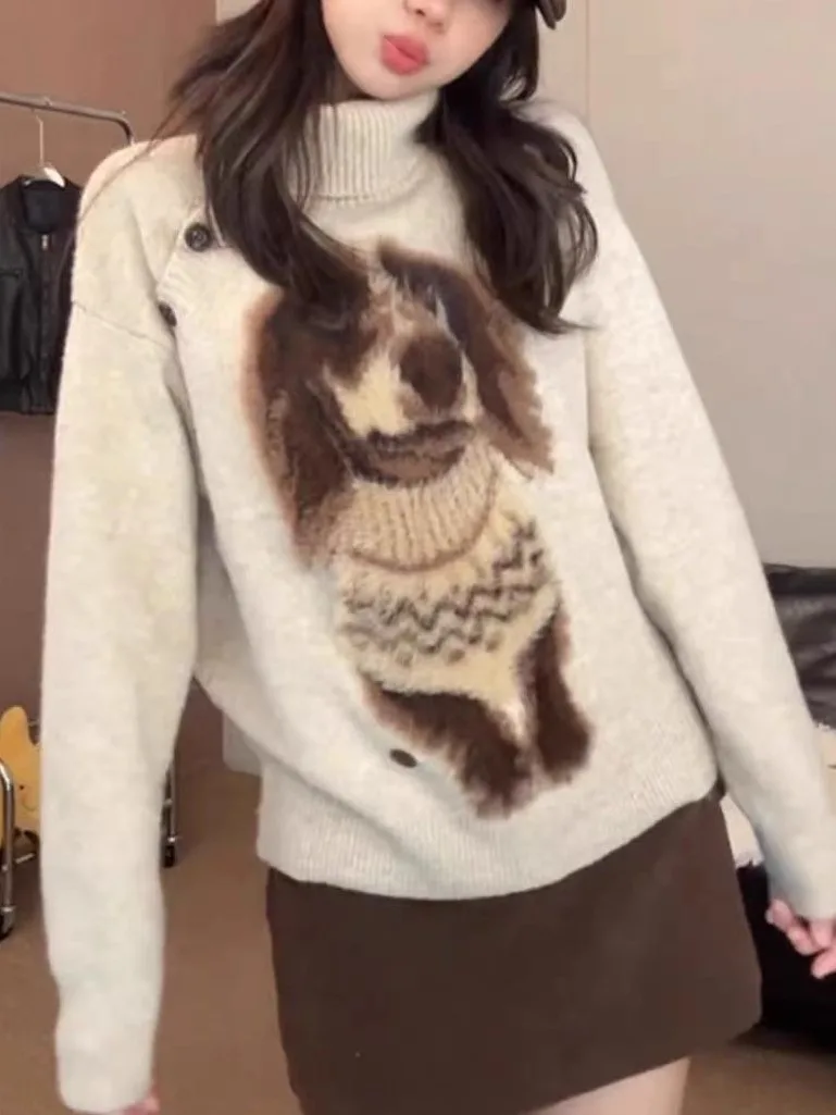 

Утепленный свитер с высоким воротником и мультяшным принтом собаки, женский, весенний, модный, вязаный, в стиле lazy style, цвет абрикосовый, весенний топ для женщин