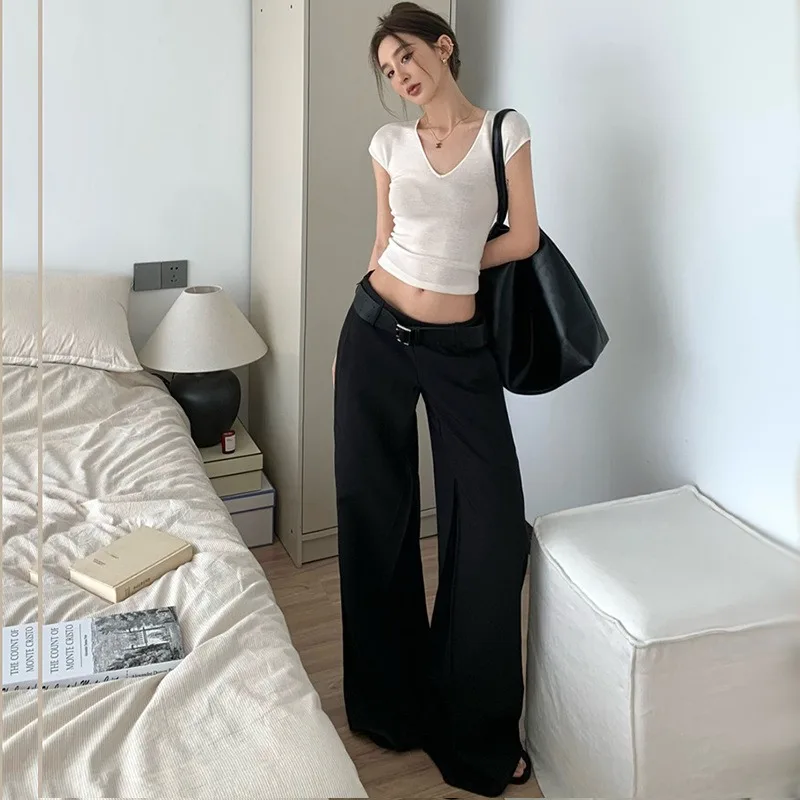 Summer Spicy Girl Design Sense V-neck Slim Knitted Short Sleeved T-shirt+High Waist Straight Leg Wide Leg Pants Two Piece Set