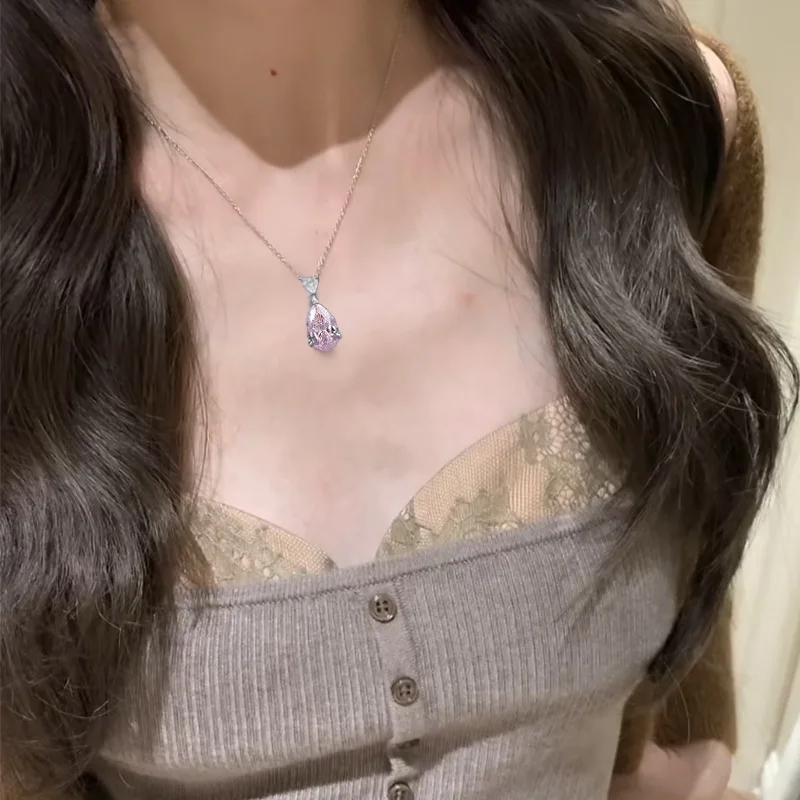 New 100% S925 Silver Powder Diamond Pear shaped Love Necklace with High Quality and Light Luxury Versatile Wedding Jewelry