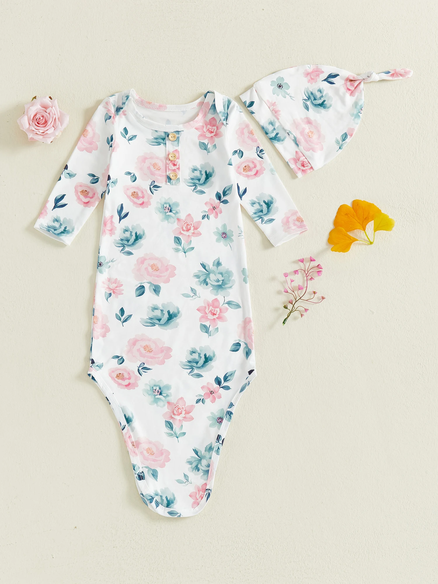 طقم ثوب وقبعة معقودة بطبعة زهور للفتيات الصغيرات الرضع بأكمام طويلة ورقبة دائرية وزر ملابس نوم لحديثي الولادة