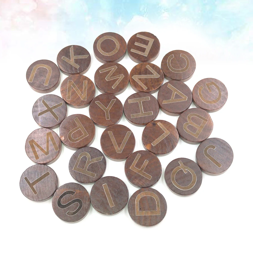 

1 Bag 26pcs 30MM 7mm Thickness Round Wood Slice Engraved with 26 Alphabet Round Pieces Wood Adornement (Coffee)