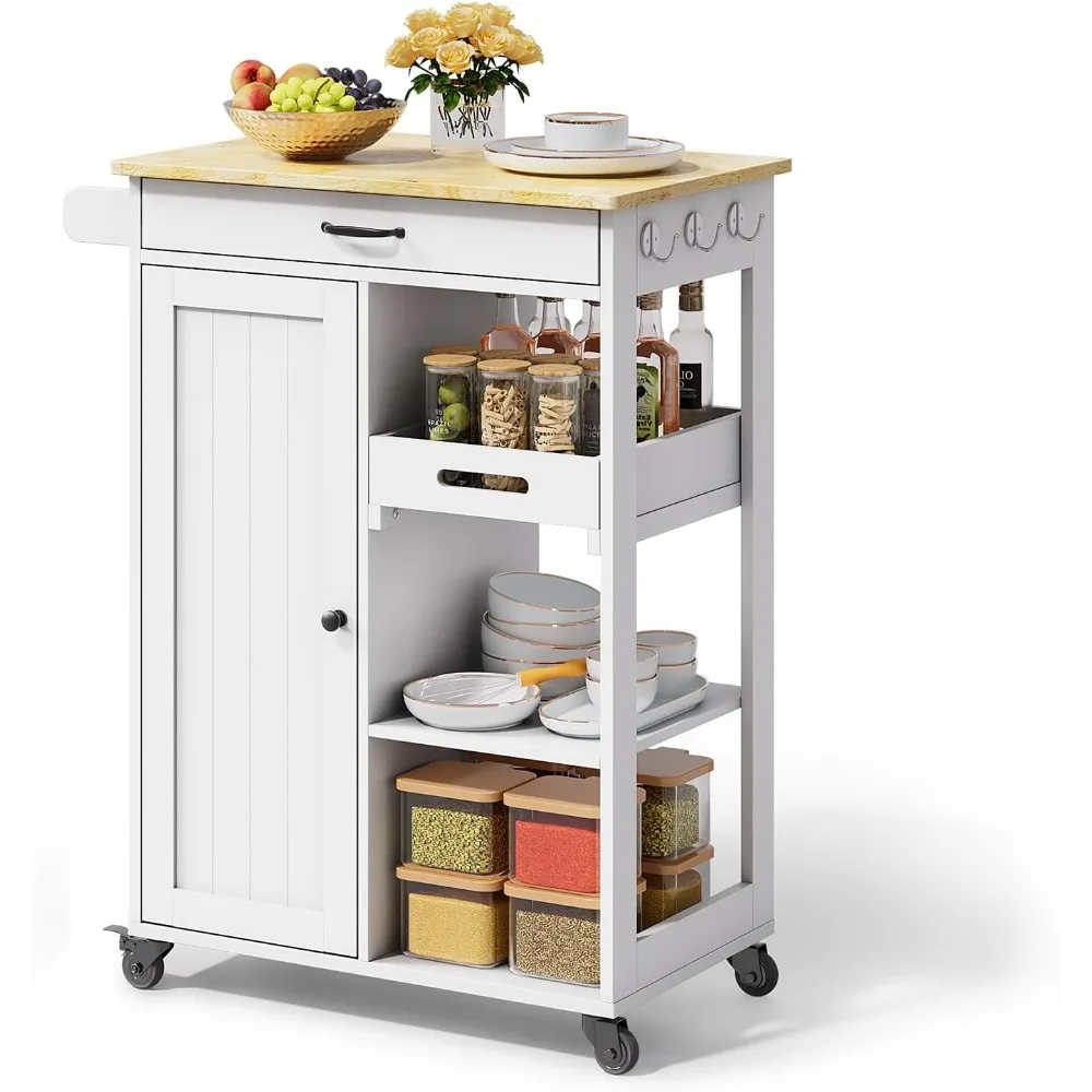 Removable Tray, 27.6''W Rolling Utility Trolley Cart with Drawer, Cabinet, Towel Rack, Hooks and 3 Open Storage Shelves