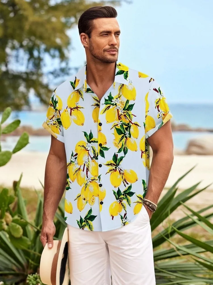 

Fashion Summer Holiday Tunics Men's Lemon Print Short Sleeve Button Up Beach Hawaiian Shirt American Chic Tops Man Clothing