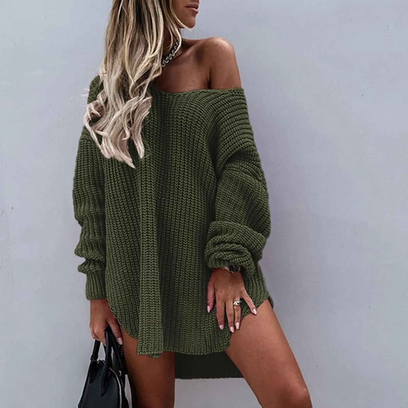 Women Oversize Sweater Solid Color Drop Shoulder Long Sleeves Long Sweater New Knitting V Neck Fashion Sexy Sweater Autumn