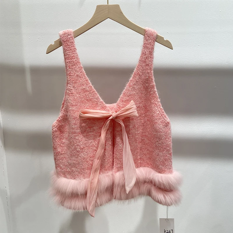 Two Side Wear Pink Real Fox Fur Spaghetti Strap Sweater Girl's Cute Spring Knitted Camisole Vest