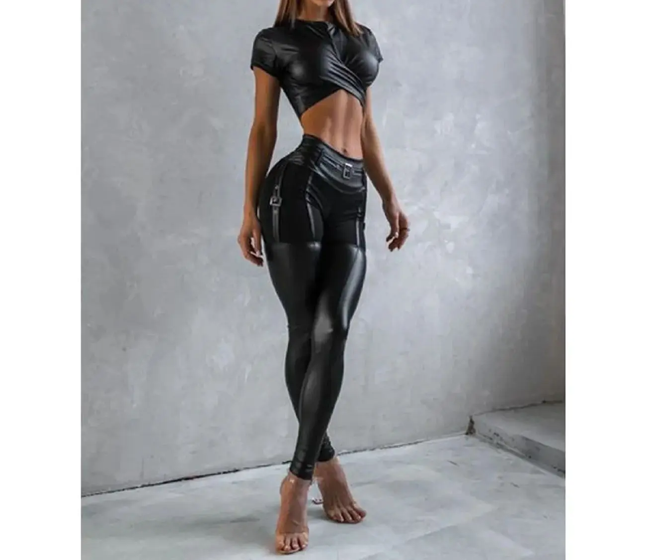 

Women's 2024 Autumn New Spicy Girls Street Fashion Personalized Splice PU Leather Tight Sporty Set Bodysuit