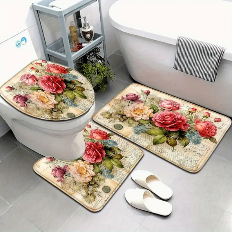 

Комплект для ванной VIKAMA «Ретро-роза», 3 предмета: коврик для пола, коврик для унитаза, в европейском деревенском стиле, декор для ванной комнаты