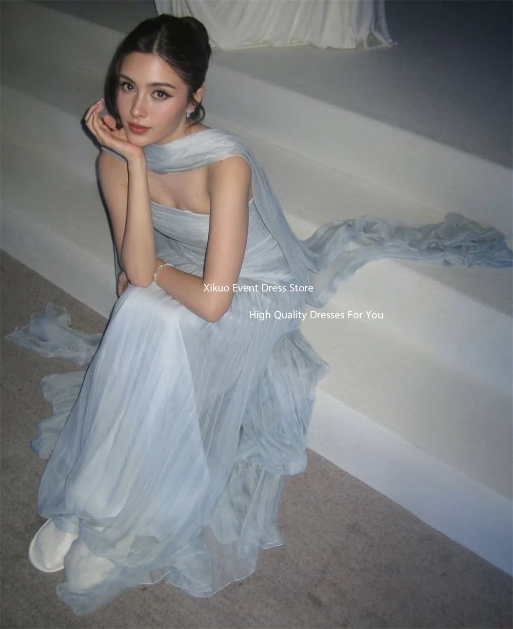 Xikuo Sky Blue Chiffon Prom Dresses For Girl Full Pleated Party Dresses With Long Cape Women Formal Evening Gowns Customized