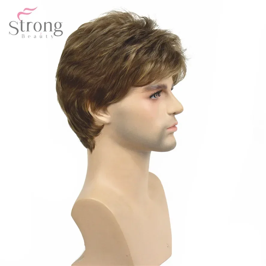 StrongBeauty Peruca curta masculina marrom claro misturada sintética natural perucas completas