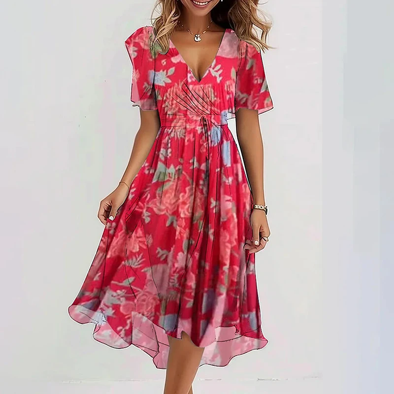 Spring Floral Print Chiffon Women Dresses Elegant V Neck Draped A-Line Party Dress Summer Short Sleeve High-waist Office Dresses