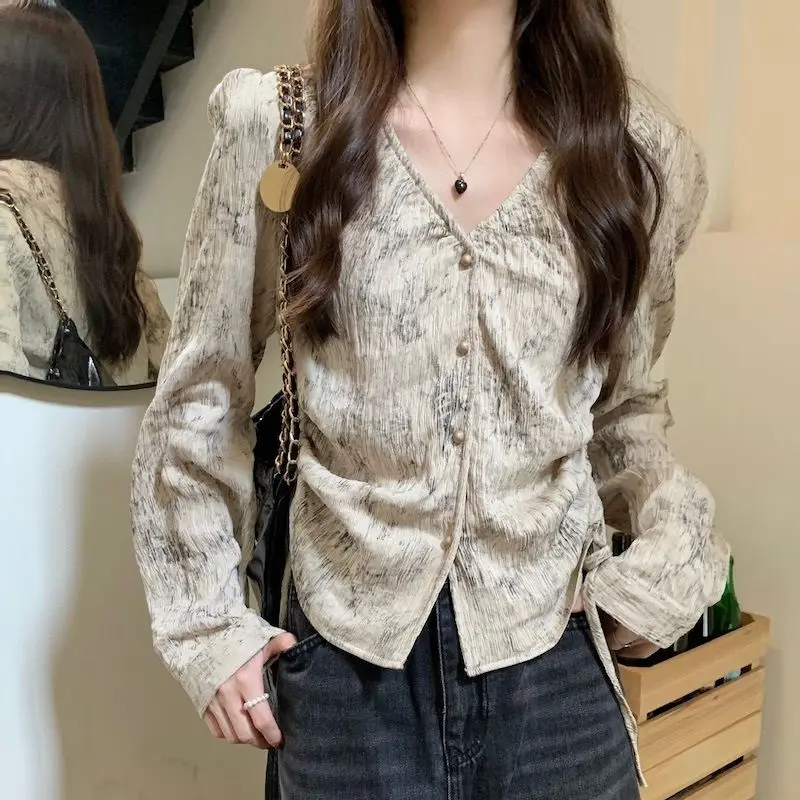 

Stylish Vintage Printed Loose Blouse Female Clothing Shirring Drawstring Spring Autumn Basic Casual V-Neck Single-breasted Shirt