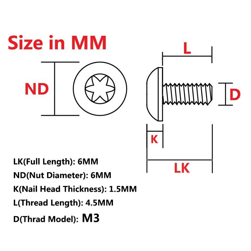 6pcs/lot Titanium Material Knife Handle DIY Making Screws M3 Thread T8 Torx Half Round Button Head Nails Rivets Accessories