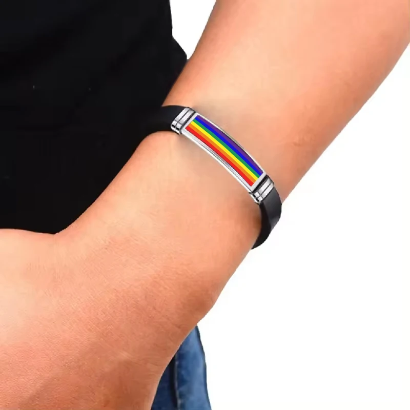 LGBT Pride Bracelet Jewelry Epoxy Rainbow Flag Stainless Steel Silicone Bracelets For Women Men