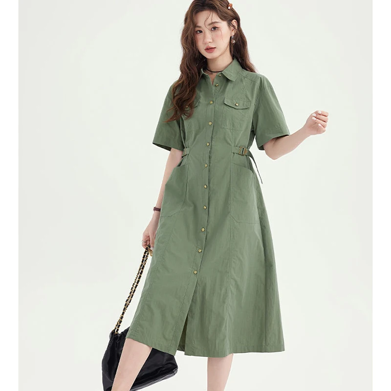 

Fashion Lapel Button Pockets Lace Up Casual Dresses Female Clothing 2024 Summer New Loose Short Sleeve Solid Color Midi Dress