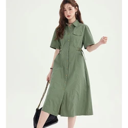 Fashion Lapel Button Pockets Lace Up Casual Dresses Female Clothing 2024 Summer New Loose Short Sleeve Solid Color Midi Dress