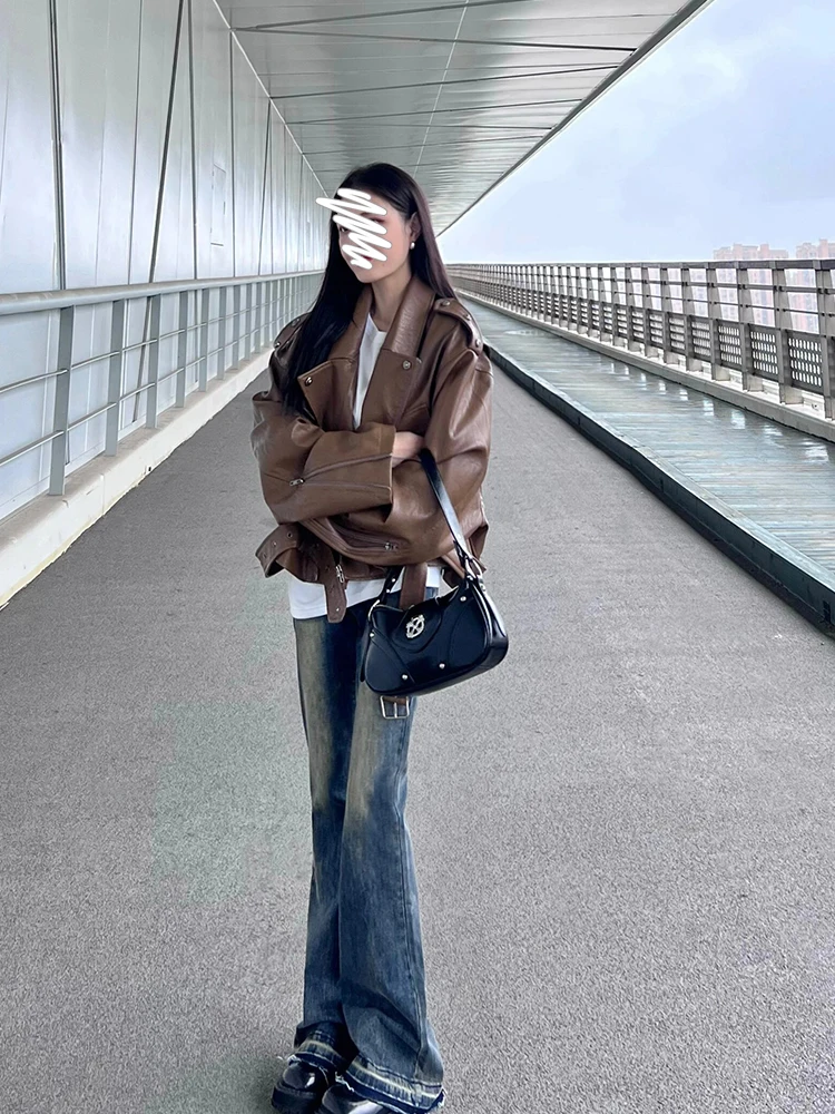 大きいサイズブラウンヘビーデューティーバイク用PUレザージャケットレディース秋冬オーバーサイズファッショナブルジャケットコート