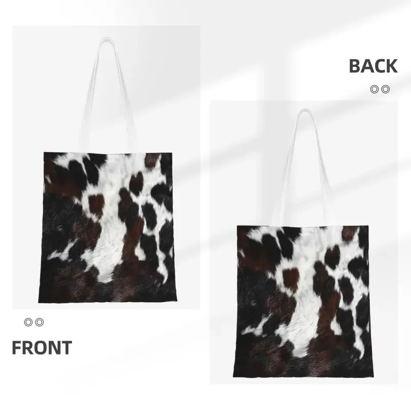 Cowhide Style Spotted Pattern In Brown And White Shopping Bag Printing Canvas Shoulder Tote Bag Portable Grocery Shopper Bags