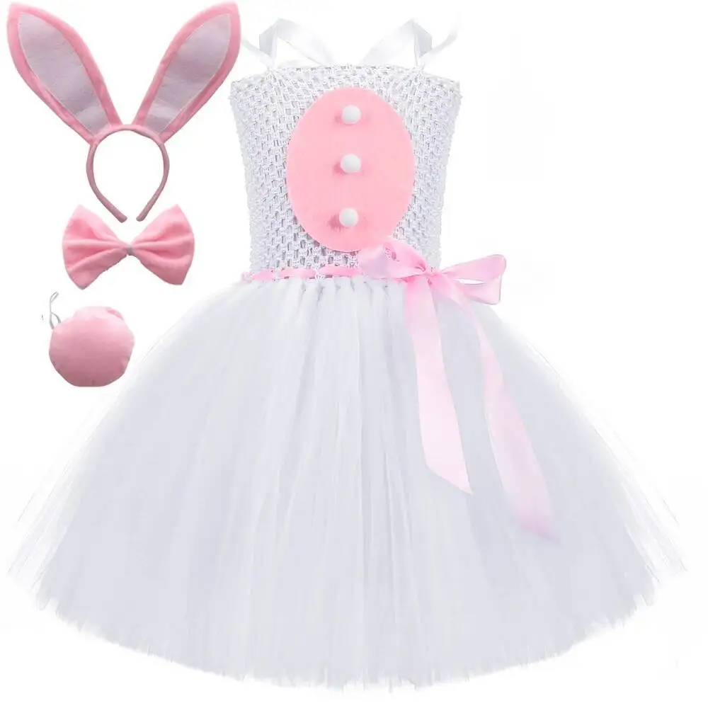 White Pink Bunny Costumes for Baby Girls Birthday Halloween Dresses for Kids Easter Holiday Outfit with Rabbit Ears Handbasket