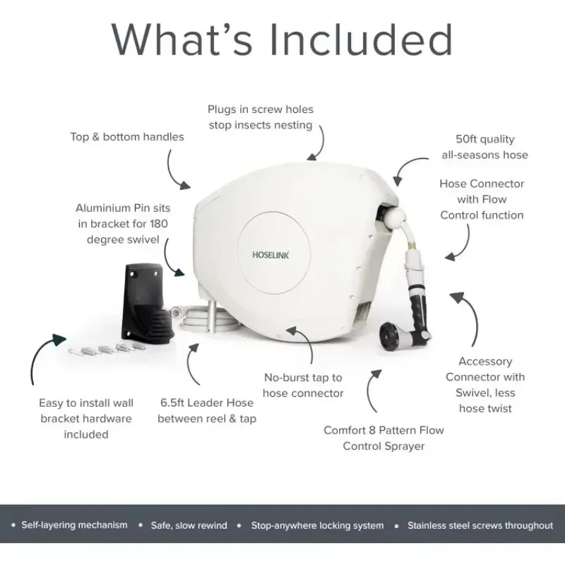 ضمان الأصالة. بكرة خرطوم حديقة أوتوماتيكية قابلة للسحب بطول 82 قدمًا، 9/16 بوصة، فوهة رش ذات 8 أنماط، خالية من الأشعة فوق البنفسجية