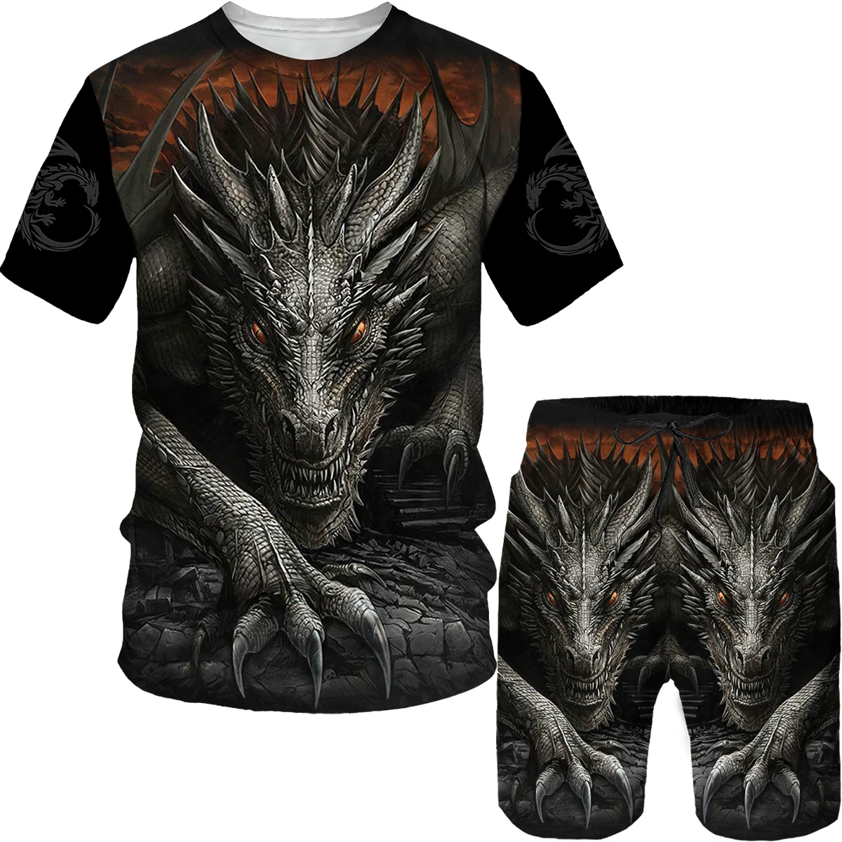 Trendy Men's Suit China Dragon Printing Casual Suit Men's Large Size Short Sleeve T-Shirt Shorts 2-piece Clothing