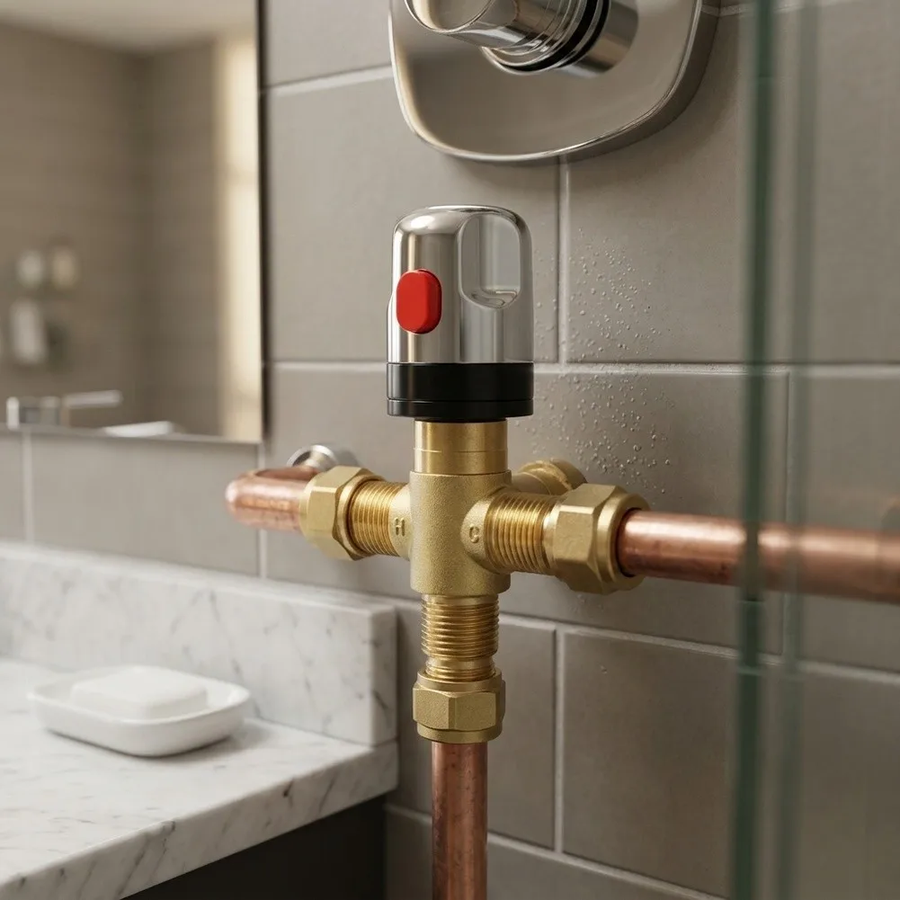 Precision Control Thermostatic Mixing Valve Solid Brass G1/2 Thread For Home Bathroom, Connector For Water Heaters