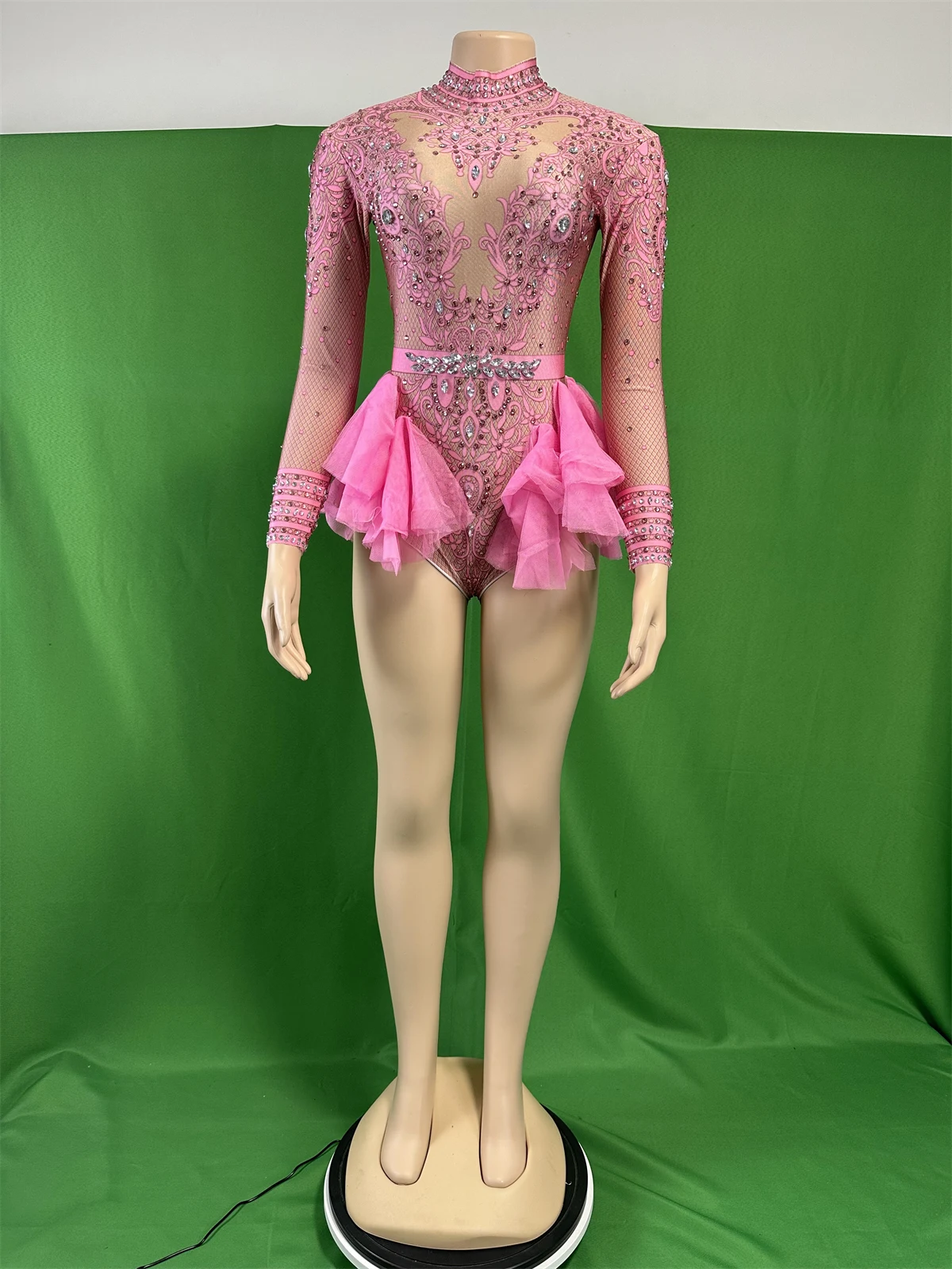 

Pink Rhinestone Ruffle Mesh Bodysuits For Women Dance Team Cheerleader Leotard