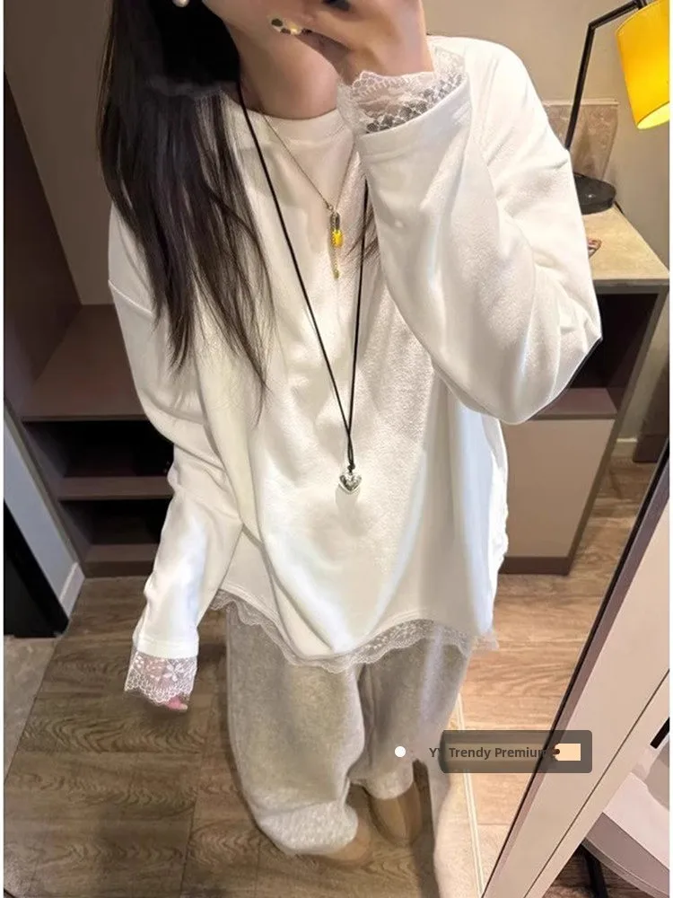 

Корейская женская футболка из чистого хлопка с длинным рукавом, свободного кроя, с кружевной отделкой, для ношения как нижний слой, внутренняя одежда, верхняя одежда, топ