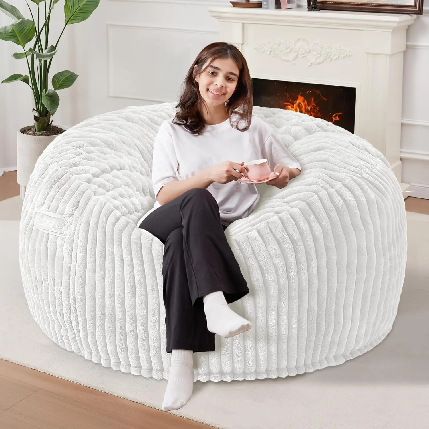 

3 FT Bean Bag Chair with Memory Foam, Large Bean Bag Sofa for Adults with Dutch Corded Plush Cover-Beige