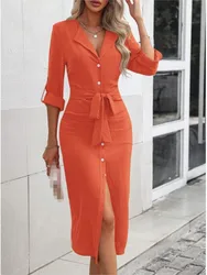 2024 Women's New Autumn Solid Color Lapel Waist Cinching Lace Up Temperament Sexy Slit Single Breasted Dress For Women