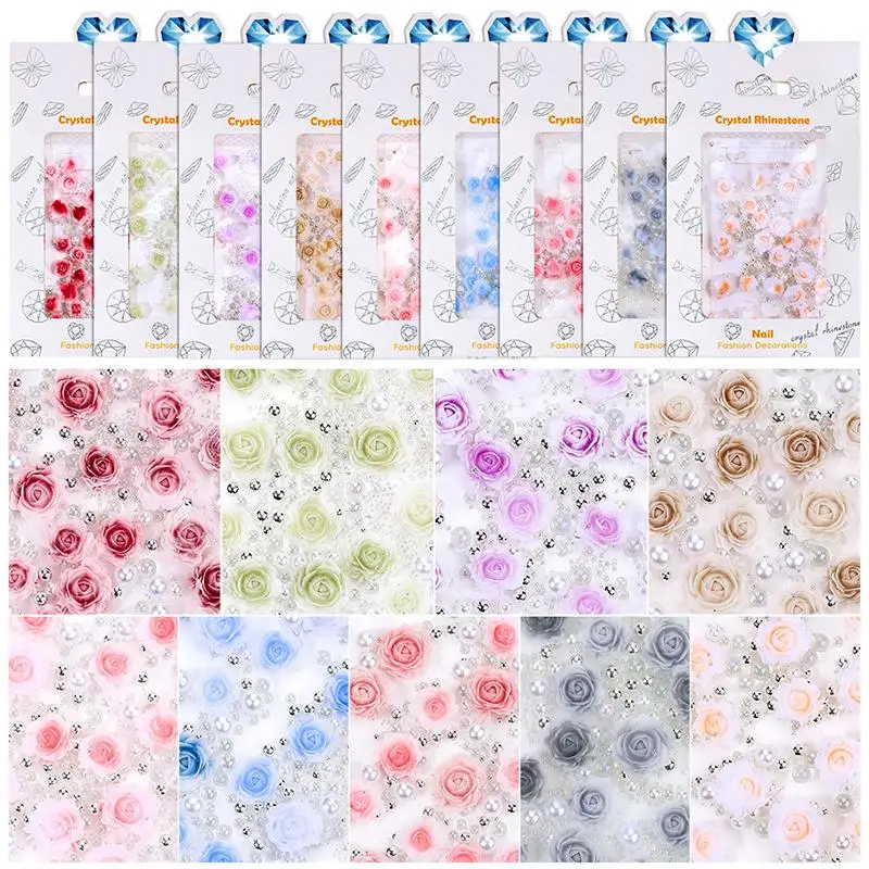

30pcs Flower Nail Charms Pink 3D Roses Flower Charms for Nail Decoration White Pearl Beads for Manicure DIY Nail Art Rhinestones