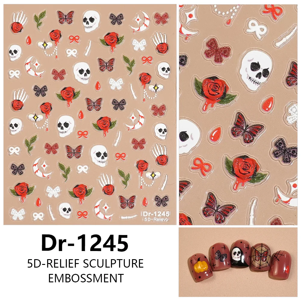 

1/5/10pcs Butterfly Skull Bowknot Halloween Nail Stickers 5D Embossed Nail Art Stickers Women's DIY Manicure Decoration Decals