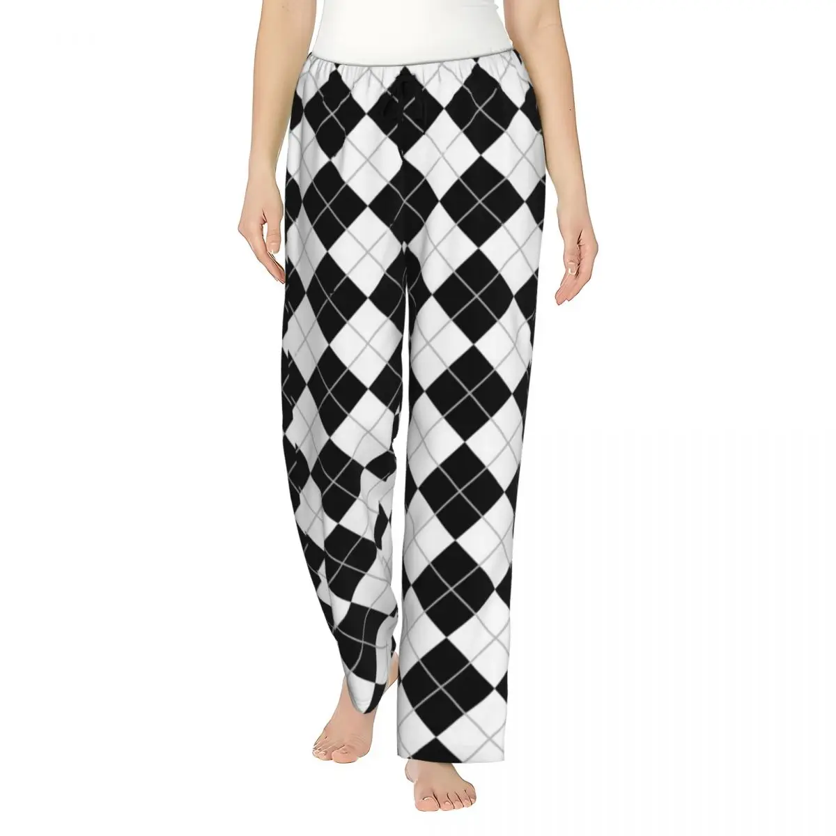 Custom 70s Pattern Retro Black And White Argyle Women Pajama Pants Lounge Sleep Sleepwear Bottoms with Pockets