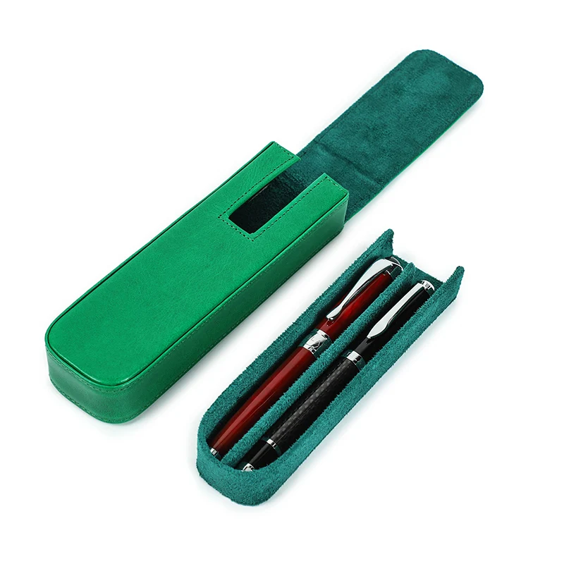 CONTACTS FAMILY 2 Pen Case Detachable Portable Handmade Green Pen Box Shockproof Men Coffee Leather Stationery Cover Holder