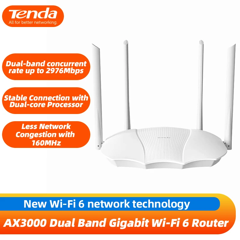 Tenda AX3000 Dual-Band Gigabit Wi-Fi 6 Router RX9 Generation Rate Up to 2976Mbps (2.4GHz: 574Mbps, 5GHz: 2402Mbps)