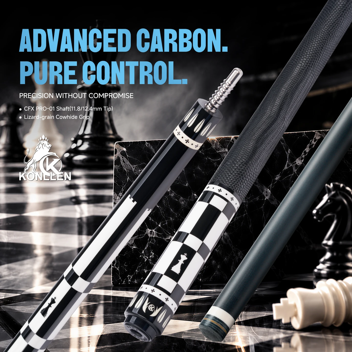 Pool Cue Carbon Fiber Shaft Low Deflection Lizard Grain Cowhide Grip 11.8/12.4mm Tip Titanium 3/8x8 Joint 58in KONLLEN