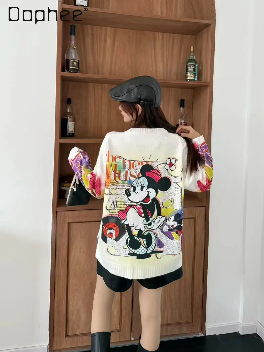 

Sweater for Women Fashion Cartoon Print Long Sleeve Round Neck Rhinestone Spring Autumn Korean Style Loose Knitted Top